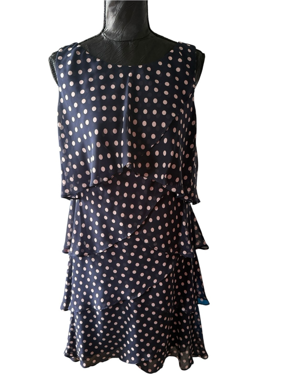 S.L. Fashions Size 12 Navy Polka Dot Tiered Ruffle Dress